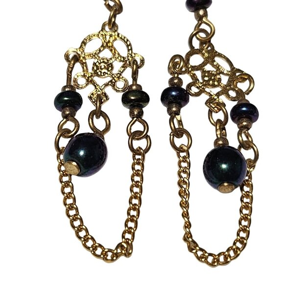 Fashion Earrings Elegant Filigree Dangle Navy Blue Beads Gold Tone Chain Dangle - Picture 2 of 5